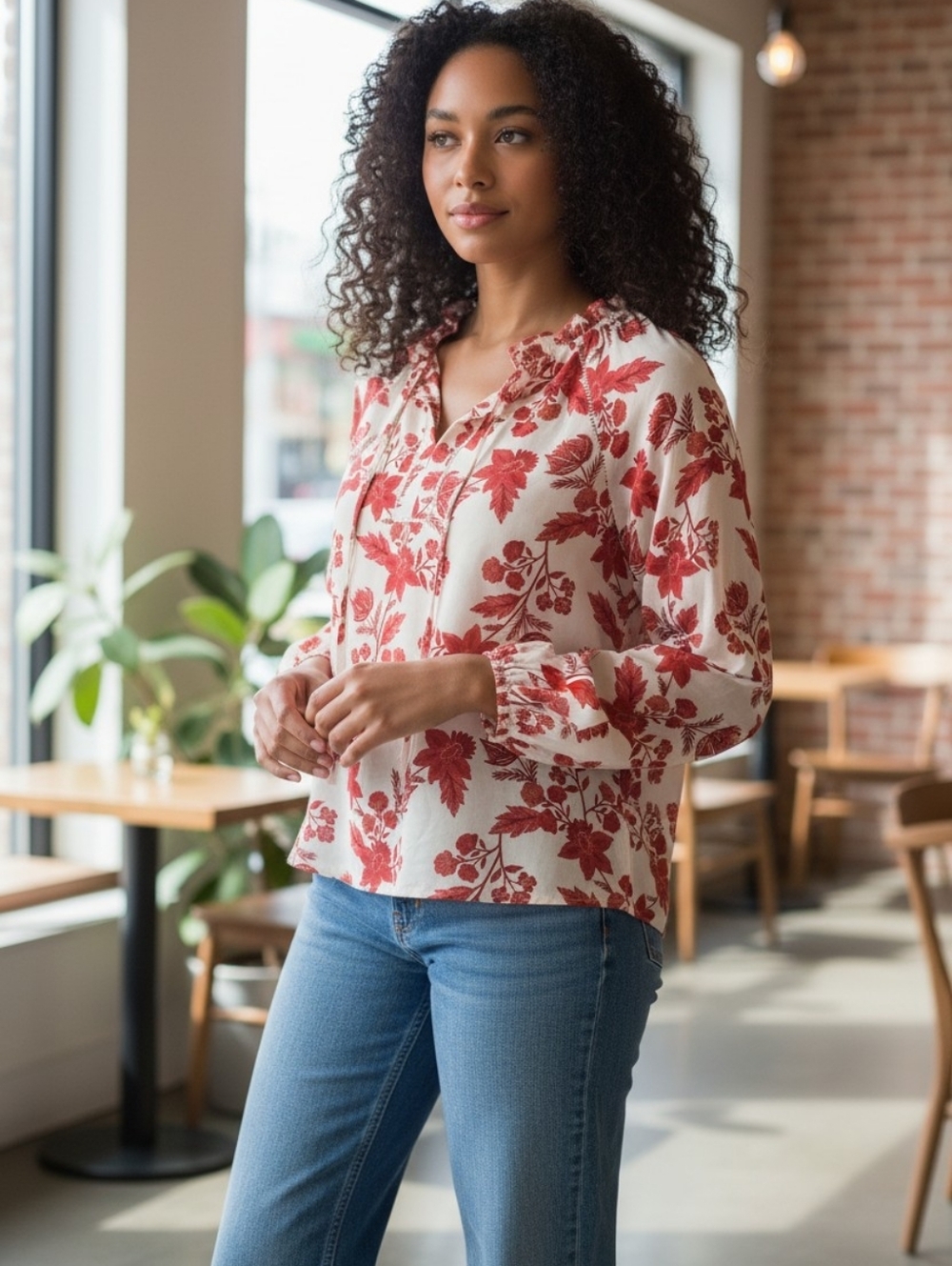 LOFT Blouse TOP Ruffled Collar Pull On DRESSY  Red White FLORAL SEMI SHEER SHIRT - Picture 9 of 10
